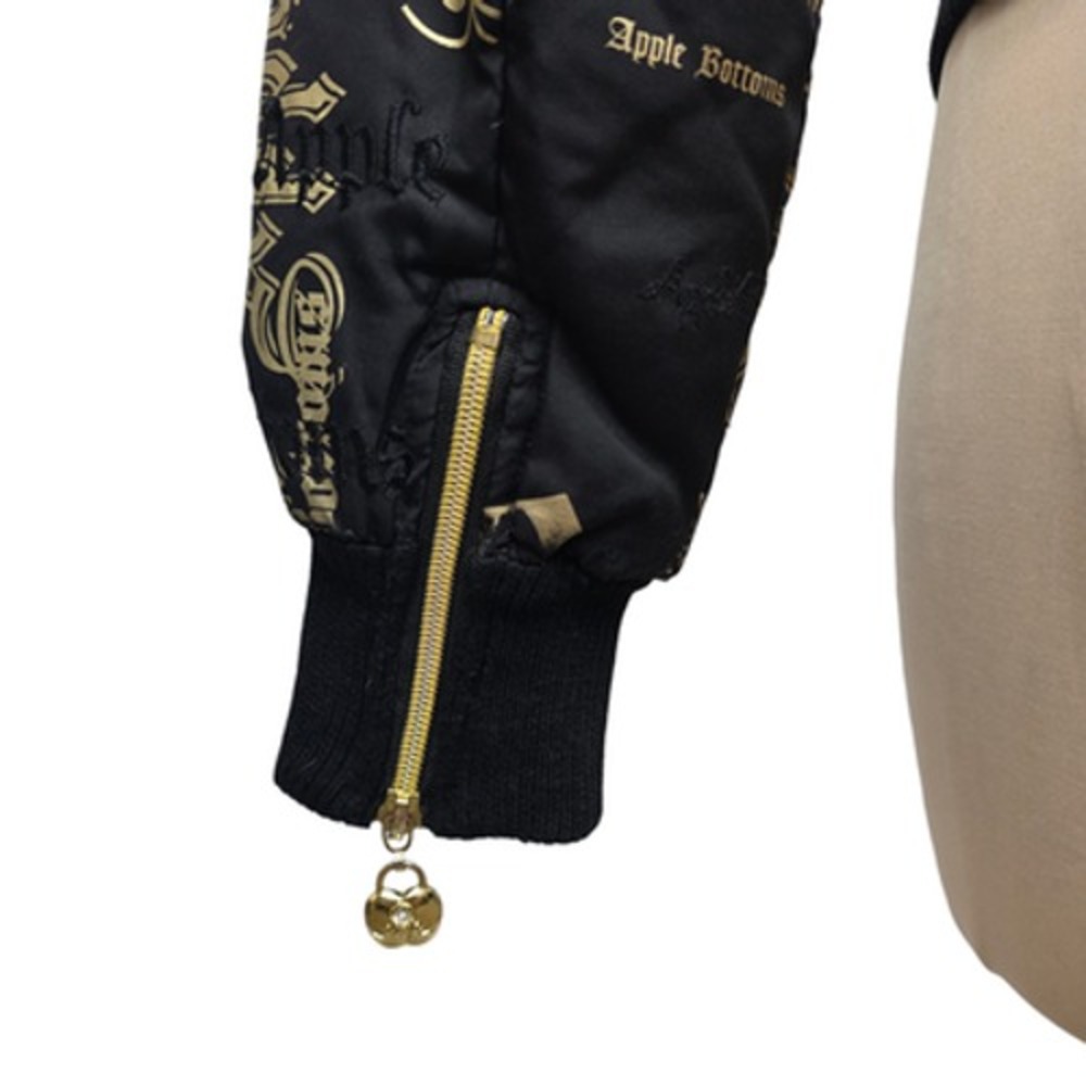 Apple Bottoms Jacket Womens Small Black Gold Puffer Bomber Logo Zip Down Feather - Picture 7 of 11